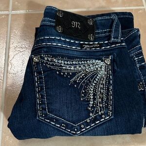 Miss Me Dark Blue Boot Cut Jeans with Silver Embellishments